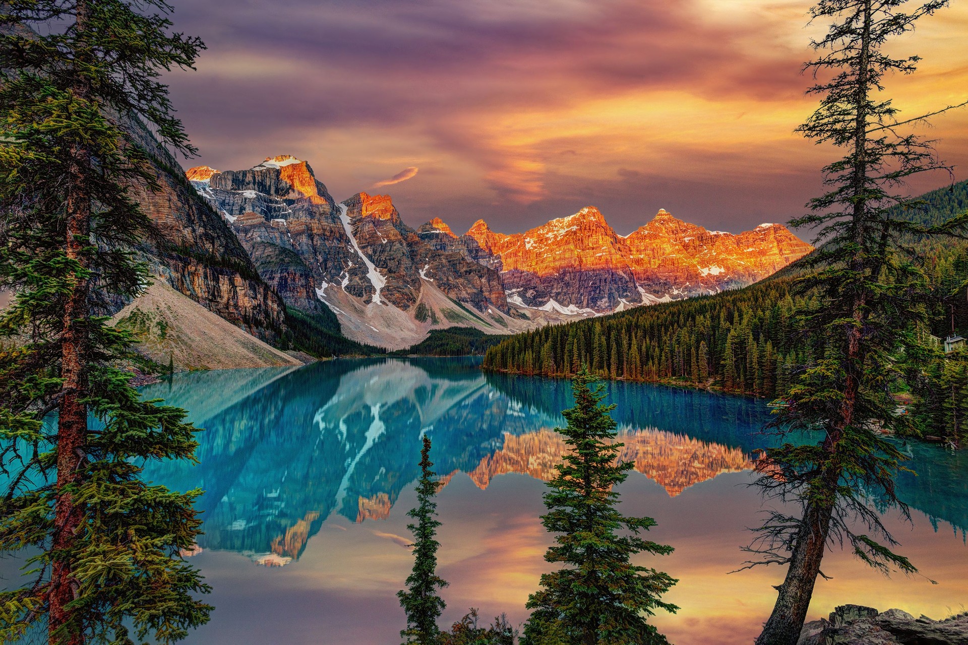 Golden Sunrise Over the Canadian Rockies at Moraine Lake in Canada